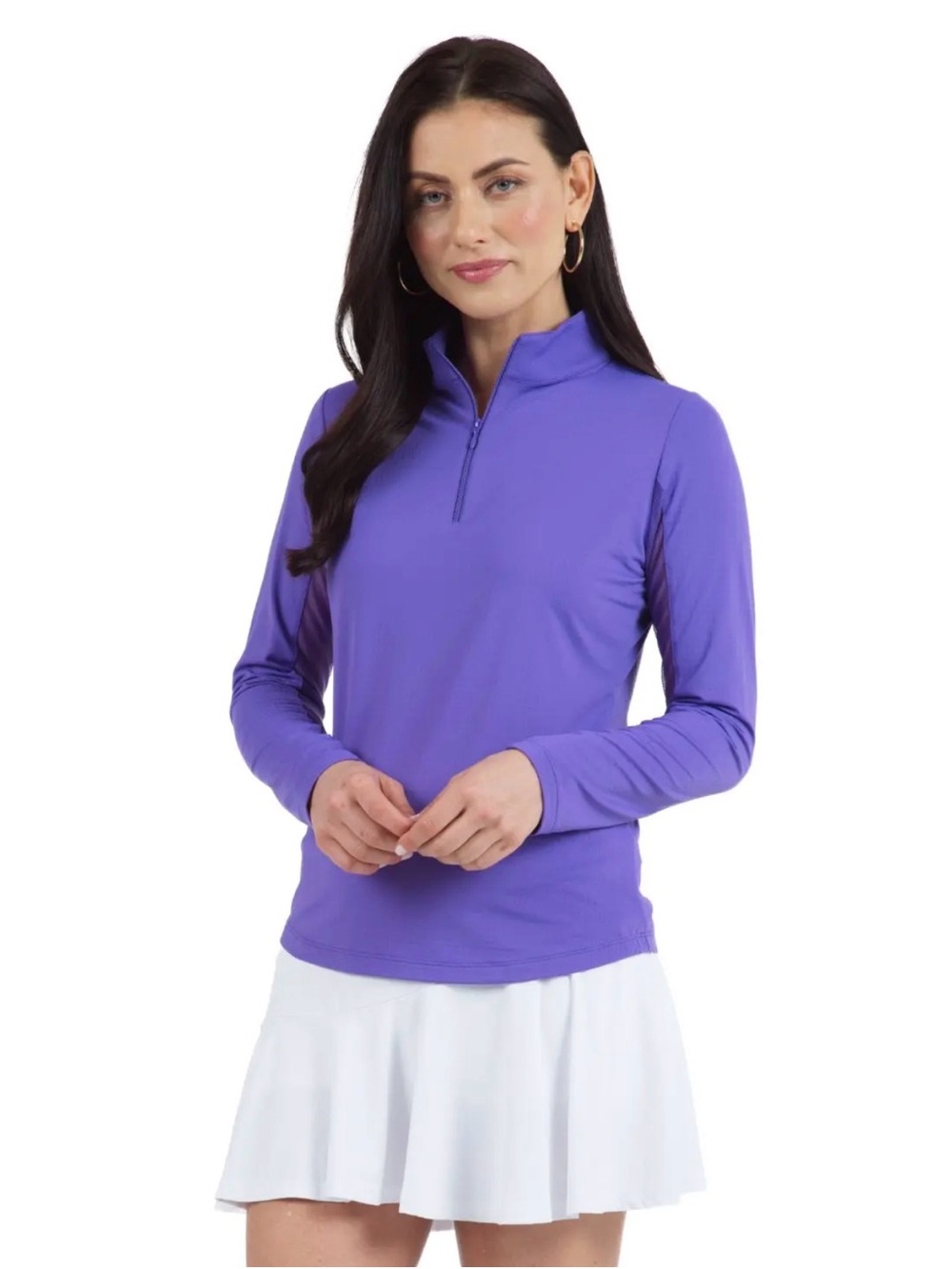 IBKUL Long Sleeve Zip Mock Neck Top Plum Purple Icefil UPF 50 Medium